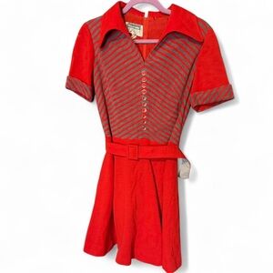 Vintage Red and Gray Striped Dress with Belt